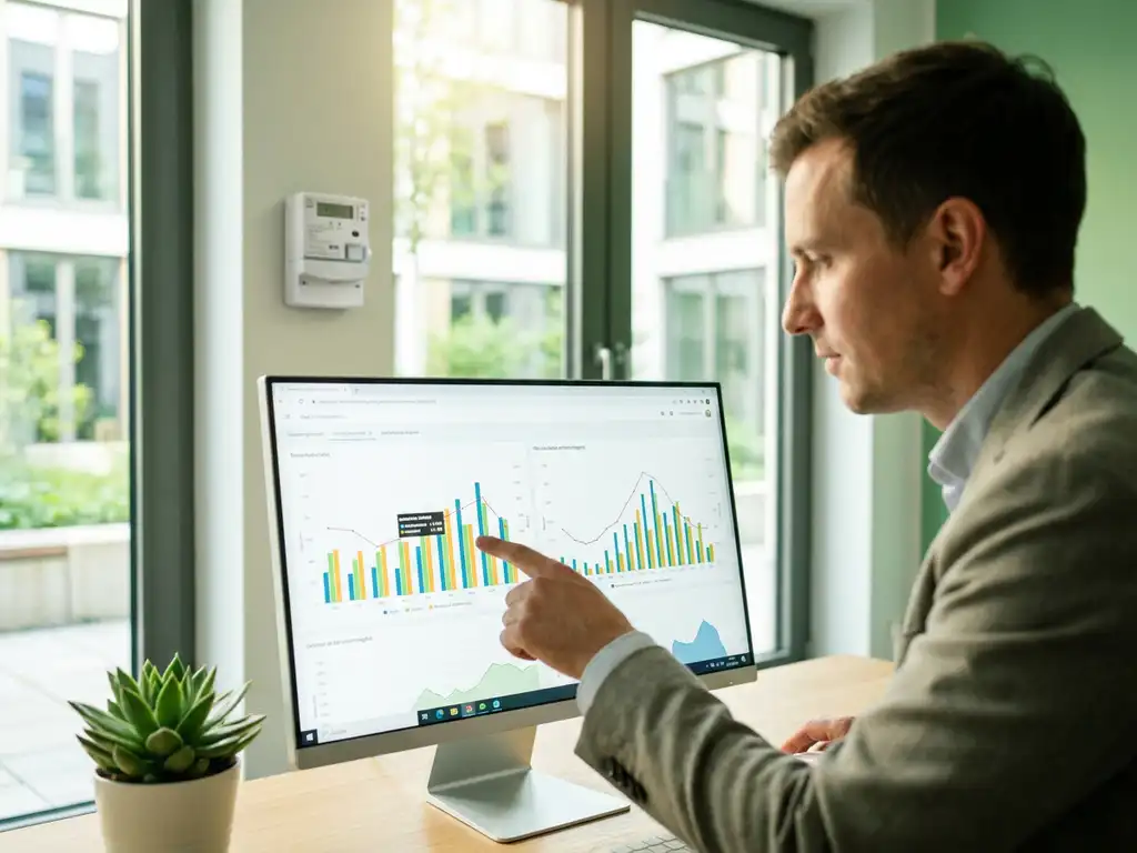 Energiemanager analysiert bunte Verbrauchsdiagramme auf Monitor im modernen deutschen Büro, Smart Meter im Hintergrund sichtbar.