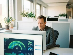 Energiemanager analysiert Echtzeit-Energieverbrauchsdaten auf Monitor mit grünen und blauen Kurven im modernen Büro.