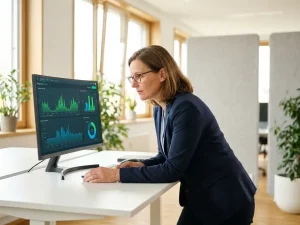 Energiemanager mittleren Alters analysiert Verbrauchskurven und Datencharts auf einem Monitor in modernem Büro mit Tageslicht.