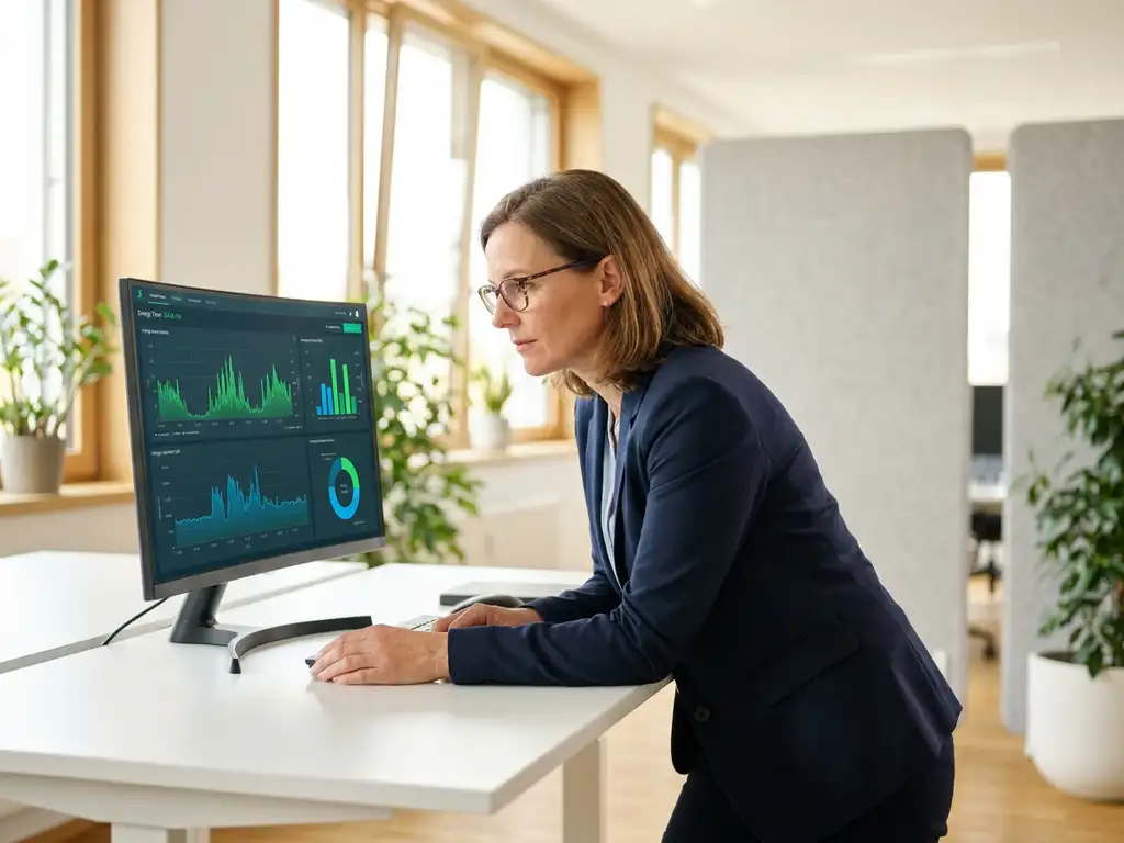 Energiemanager mittleren Alters analysiert Verbrauchskurven und Datencharts auf einem Monitor in modernem Büro mit Tageslicht.