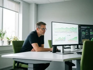 Energiemanager analysiert grüne Verbrauchskurven auf modernem Monitor im hellen Büro mit natürlichem Tageslicht.