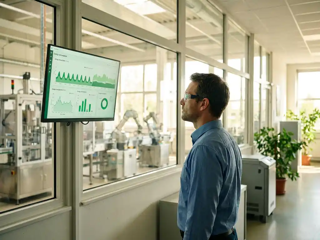 Energiemanager analysiert Echtzeit-Verbrauchskurven auf einem Monitor über einer modernen Produktionshalle mit natürlichem Tageslicht.