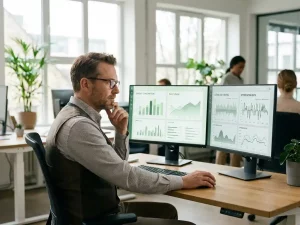 Energiemanager analysiert Verbrauchsgraphen und Lastoptimierungsdaten auf einem Monitor in einem modernen Büro.