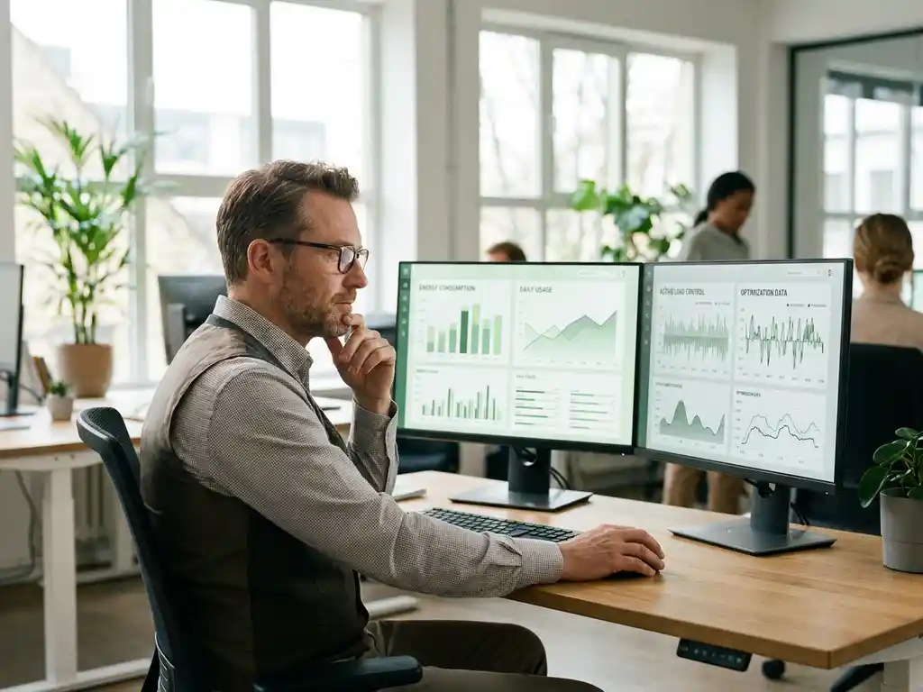 Energiemanager analysiert Verbrauchsgraphen und Lastoptimierungsdaten auf einem Monitor in einem modernen Büro.