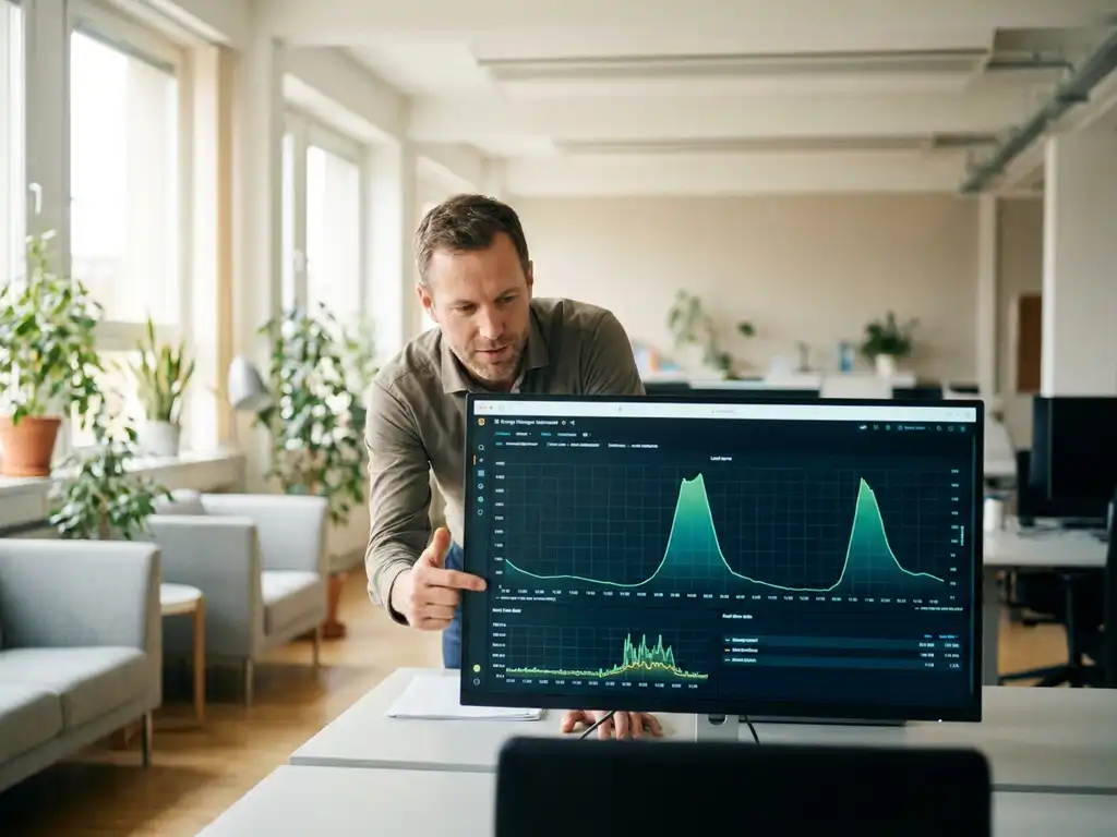 Energiemanager analysiert grüne und blaue Lastkurven mit zwei Verbrauchsspitzen auf einem modernen Industrie-Dashboard.