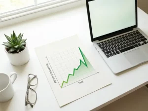 Energieverbrauchsdiagramm mit starkem Anstieg auf Papier, neben Laptop und grüner Pflanze auf weißem Schreibtisch, Draufsicht.