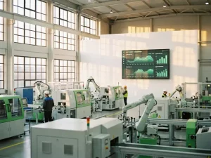 Moderner Produktionshall mit laufenden Maschinen, digitales Energieverbrauchsdisplay mit grüner Kurve an weißer Wand, Tageslicht durch hohe Fenster.