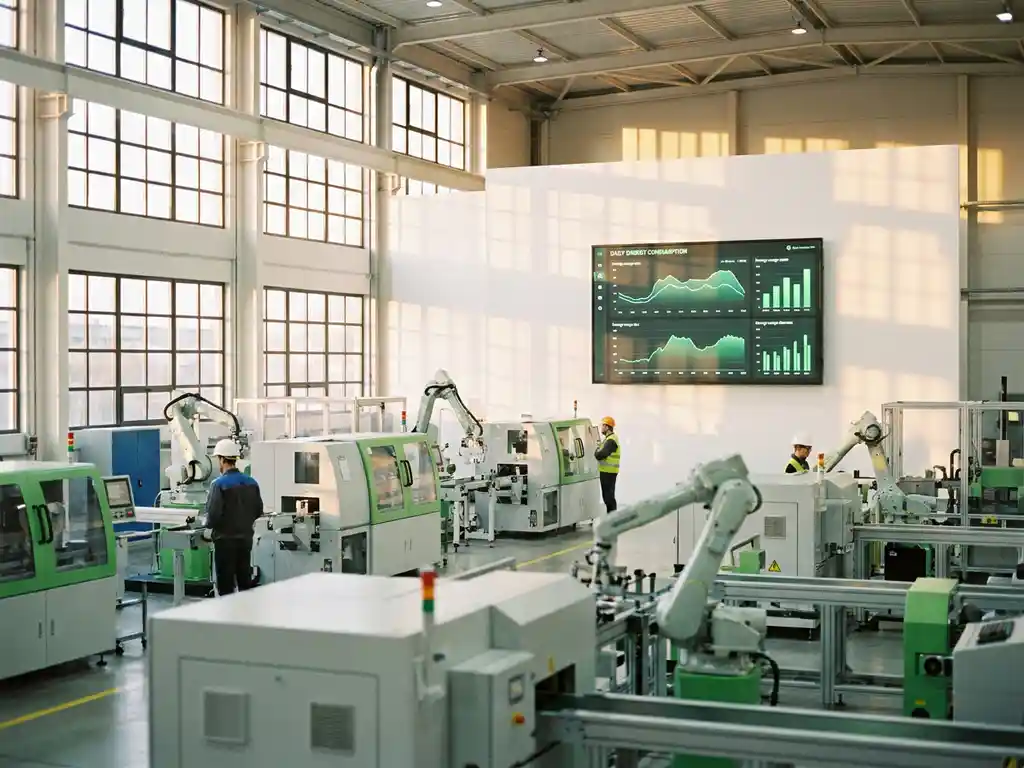 Moderner Produktionshall mit laufenden Maschinen, digitales Energieverbrauchsdisplay mit grüner Kurve an weißer Wand, Tageslicht durch hohe Fenster.
