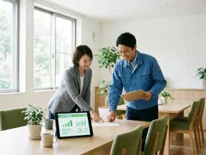 Zwei Fachleute besprechen Dokumente auf einem Klemmbrett, Tablet mit Energiediagrammen auf dem Tisch, helles Besprechungszimmer.
