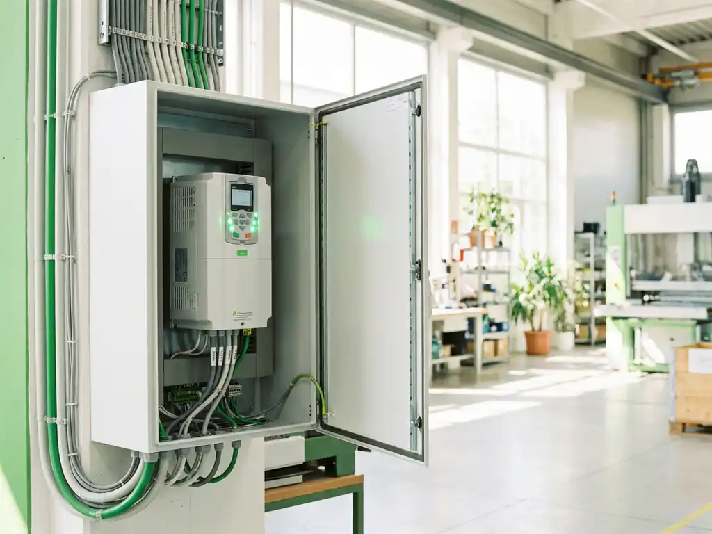 Frequenzumrichter in geöffnetem Schaltschrank mit grünen LED-Statusanzeigen und geordnetem Kabelmanagement in heller Industriehalle.