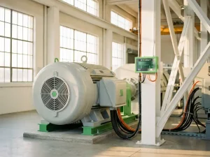 Großer Industrieelektromotor in moderner Produktionshalle mit Energiemonitor und natürlichem Tageslicht durch Fabrikfenster.