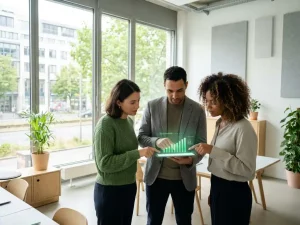 Drei Kollegen diskutieren Energieverbrauchsdaten auf einem Tablet in einem modernen deutschen Büro mit Tageslicht.