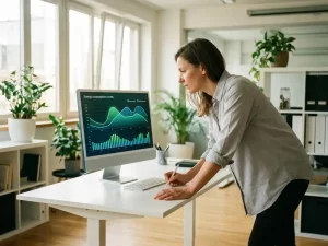 Energiemanager analysiert Lastprofilkurven und Verbrauchsgraphen auf modernem Monitor in hellem Büro mit Tageslicht.