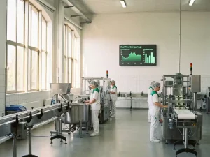 Modernes Lebensmittelwerk mit Edelstahlmaschinen, Tageslicht durch Fabrikfenster und digitalem Energiemonitor mit grünen Verbrauchskurven.