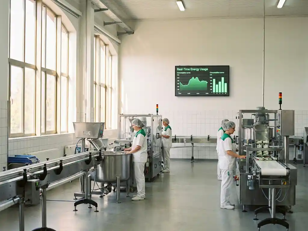 Modernes Lebensmittelwerk mit Edelstahlmaschinen, Tageslicht durch Fabrikfenster und digitalem Energiemonitor mit grünen Verbrauchskurven.