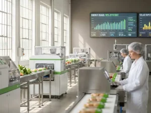Moderne Lebensmittelproduktionsanlage mit Edelstahlmaschinen, Förderbändern und digitalen Energiemonitoren an heller Fabrikhalle.