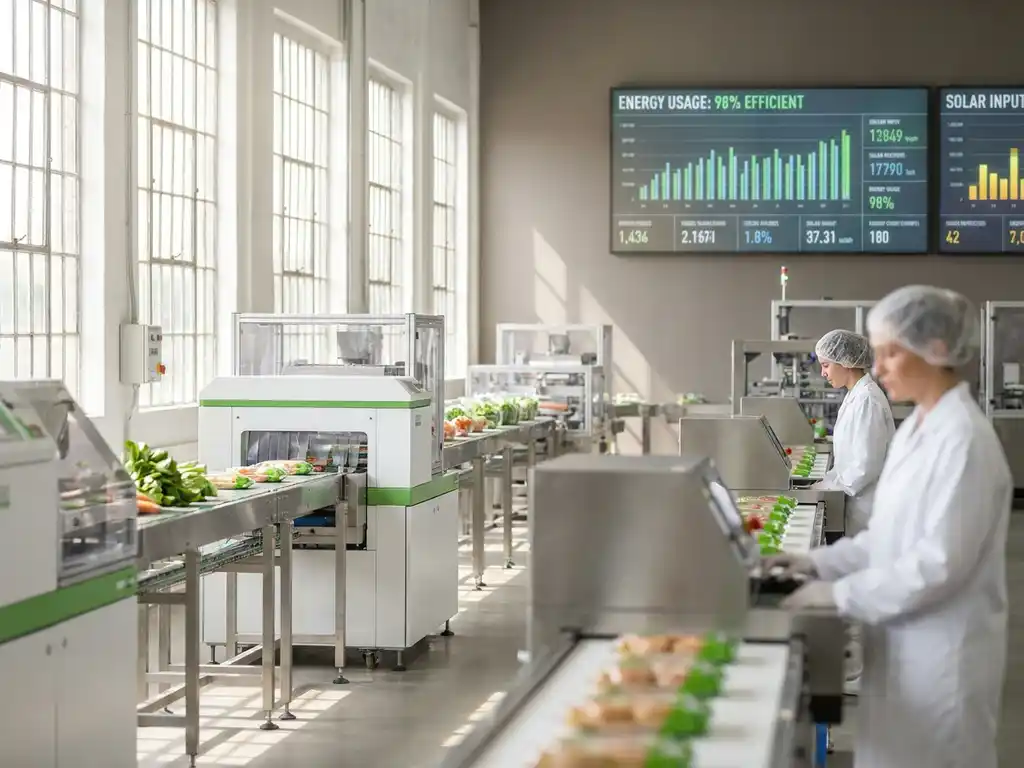 Moderne Lebensmittelproduktionsanlage mit Edelstahlmaschinen, Förderbändern und digitalen Energiemonitoren an heller Fabrikhalle.