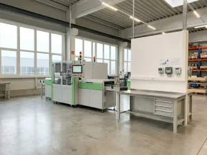 Leerlaufende Industriemaschine in moderner Produktionshalle mit Energiemessgeräten an weißer Wand und Tageslicht durch große Fenster.