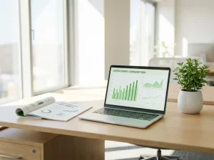 Nachhaltigkeitsdokument auf modernem Schreibtisch neben Laptop mit Energieverbrauchsgrafiken und kleiner Topfpflanze im Büro.