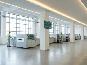 Helle Produktionshalle mit Maschinenreihen, natürlichem Tageslicht und digitalem Energieverbrauchsdisplay mit grünen Grafiken an weißem Pfeiler.