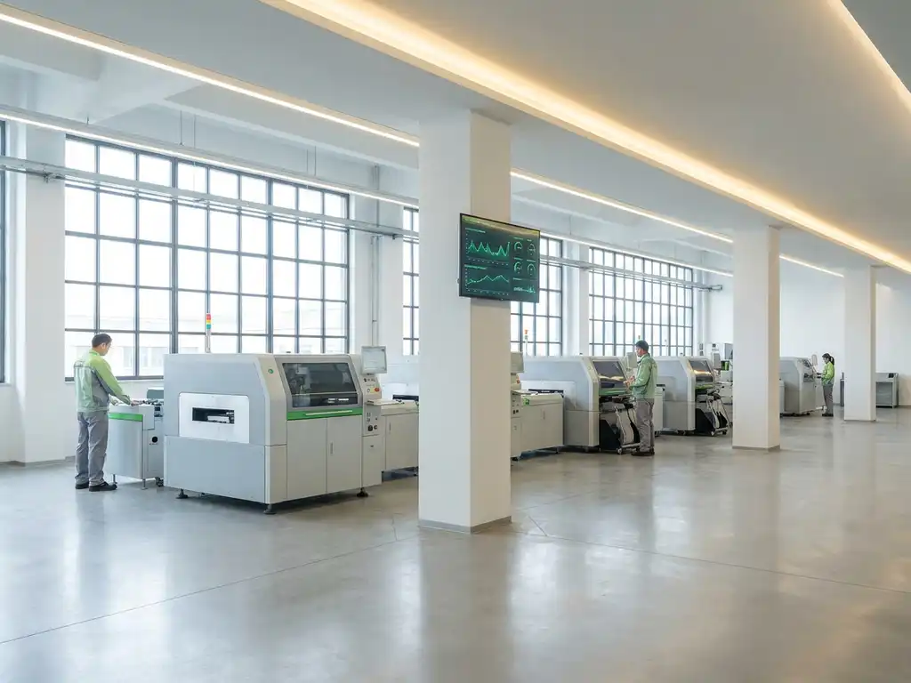 Helle Produktionshalle mit Maschinenreihen, natürlichem Tageslicht und digitalem Energieverbrauchsdisplay mit grünen Grafiken an weißem Pfeiler.