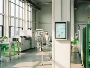 Helle Produktionshalle mit modernen Maschinen, großen Fenstern und digitalem Energiemonitor mit grünen Verbrauchsgraphen.