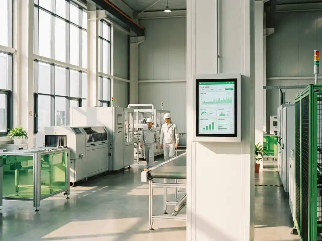 Helle Produktionshalle mit modernen Maschinen, großen Fenstern und digitalem Energiemonitor mit grünen Verbrauchsgraphen.