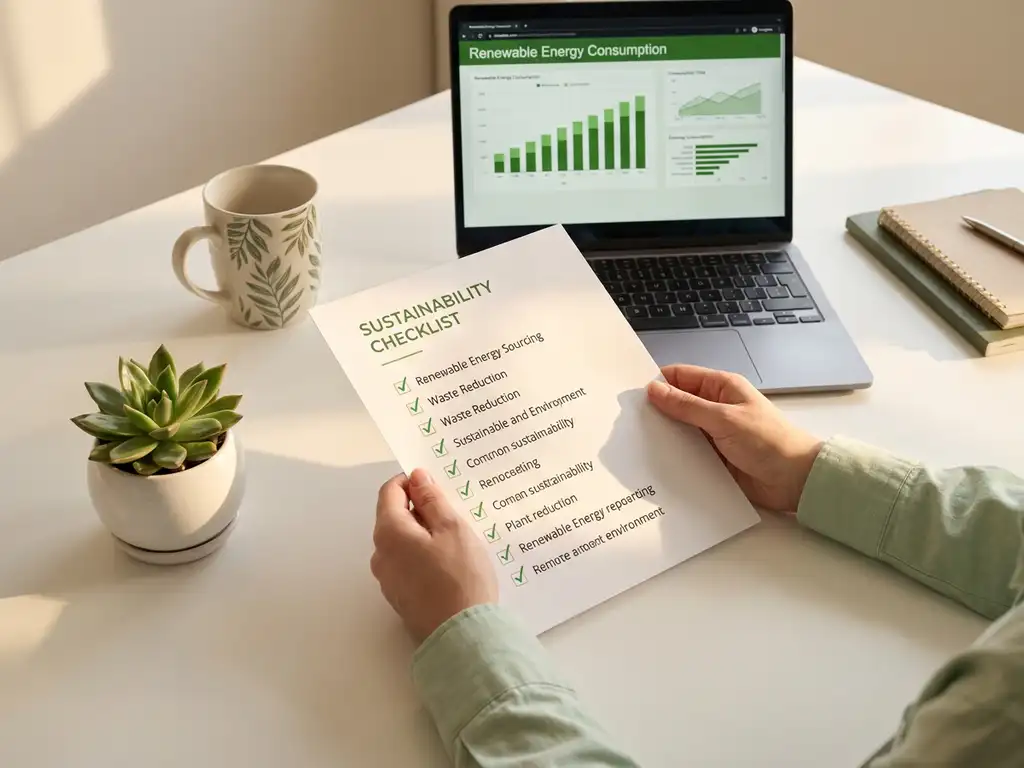 Einkaufsmanager prüft Nachhaltigkeits-Checkliste am weißen Schreibtisch mit Laptop, Energiediagrammen und kleiner Topfpflanze im Tageslicht.