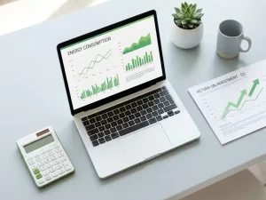 Schreibtisch-Flatlay mit Laptop zeigt Energieverbrauchsdiagramme, Taschenrechner, ROI-Kurve und kleiner grüner Pflanze im Tageslicht.