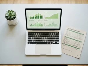 Draufsicht auf einen aufgeräumten Schreibtisch mit Laptop, Energieverbrauchsgrafiken, ROI-Berechnungsblatt und kleiner Topfpflanze.