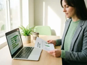 Nachhaltigkeitsmanagerin analysiert CO₂-Emissionsbericht am Schreibtisch mit Laptop, grünen Diagrammen und kleiner Zimmerpflanze im modernen Büro.