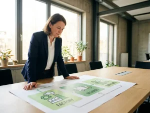 Nachhaltigkeitsmanager analysiert Emissionsflussdiagramm mit Scope-1-, 2- und 3-Zonen in modernem Industriebüro.