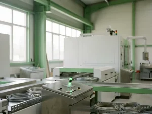Ruhende Produktionshalle mit grüner LED-Statusanzeige auf Industriesteuerung, Tageslicht durch große Fabrikfenster, geordnete Kabel und weiße Geräteoberflächen.