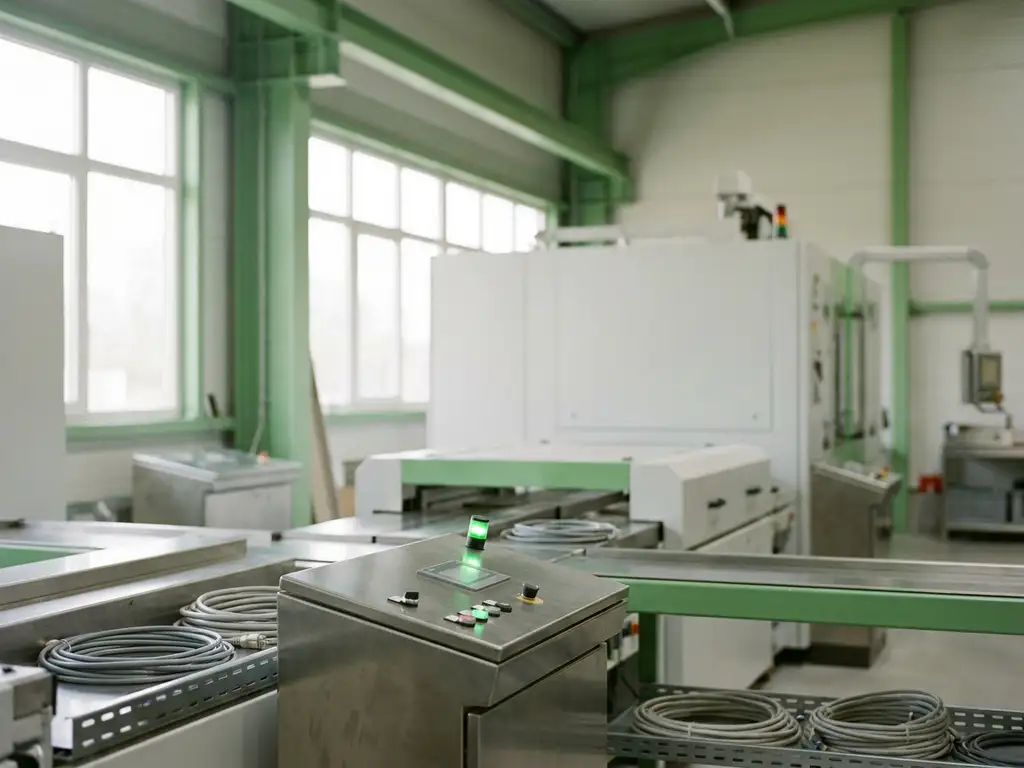 Ruhende Produktionshalle mit grüner LED-Statusanzeige auf Industriesteuerung, Tageslicht durch große Fabrikfenster, geordnete Kabel und weiße Geräteoberflächen.