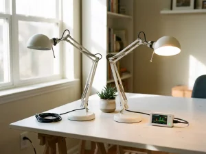 Zwei identische Schreibtischlampen nebeneinander – eine ausgeschaltet mit abgezogenem Kabel, die andere an einem Smart-Energy-Monitor angeschlossen und leuchtend.