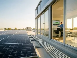 Solaranlage auf Industriedach mit Blick in modernen Kontrollraum, wo ein Energiemanager Verbrauchsdaten auf einem Monitor analysiert.