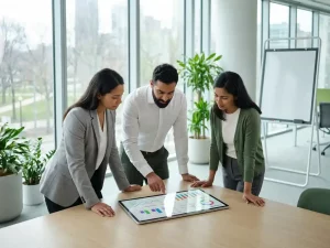 Drei Fachleute analysieren gemeinsam Energieverbrauchsdiagramme auf einem Tablet in einem modernen, lichtdurchfluteten Büro.