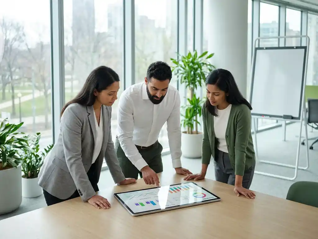 Drei Fachleute analysieren gemeinsam Energieverbrauchsdiagramme auf einem Tablet in einem modernen, lichtdurchfluteten Büro.