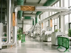 Industrielle Wärmetauscher-Anlage mit silbernen Rohren und grünen Akzenten in hell beleuchtetem Fertigungsgebäude.