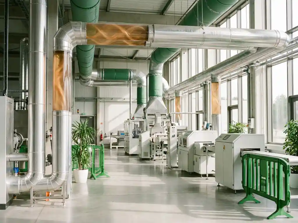 Industrielle Wärmetauscher-Anlage mit silbernen Rohren und grünen Akzenten in hell beleuchtetem Fertigungsgebäude.