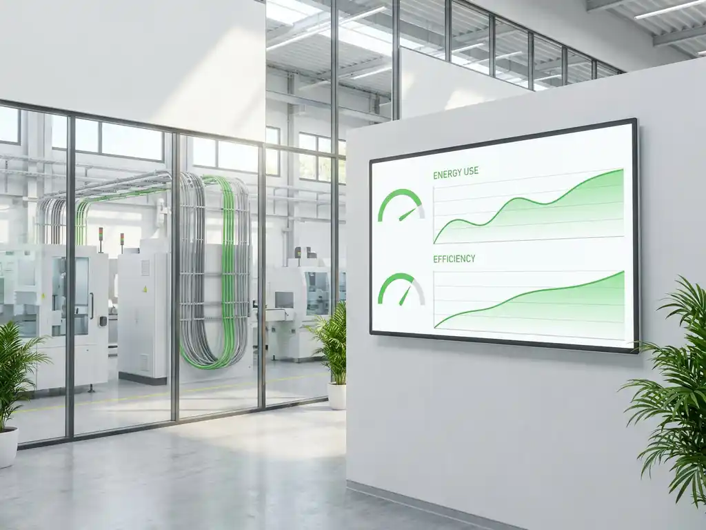 Digitales Lastüberwachungs-Display mit grünen Energiekurven in einer hellen Produktionshalle mit Industriemaschinen im Hintergrund.