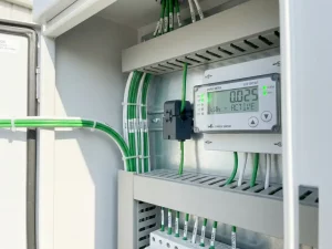 Digitaler Energiezähler mit Stromsensor im weißen Schaltschrank, grüne LED-Anzeigen, ordentlich verlegte Kabel.