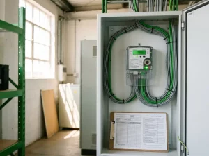 Digitaler Stromzähler mit grünen LED-Anzeigen in weißem Schaltschrank, Klemmbrett mit Dokumenten für Zähleranmeldung daneben.