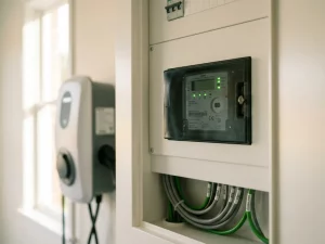 Digitaler Smart Meter im weißen Schaltschrank mit grünen LED-Anzeigen, Wallbox im Hintergrund, Tageslicht.