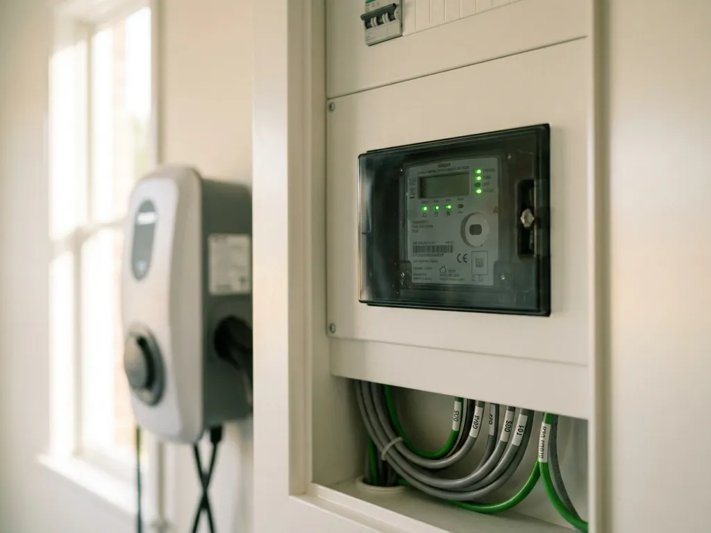 Digitaler Smart Meter im weißen Schaltschrank mit grünen LED-Anzeigen, Wallbox im Hintergrund, Tageslicht.