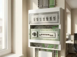 Elektrischer Schaltschrank mit zwei Reihen Leistungsschalter, grünen LED-Statusanzeigen und ordentlicher Verkabelung in weißem Industriegehäuse.