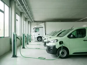 Weiße Elektro-Lieferfahrzeuge und ein E-Lkw an grünen Ladestationen in einem modernen Depot mit Tageslicht.