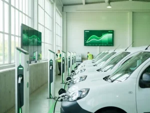 Weiße Elektro-Lieferwagen an modernen Ladestationen in einem hellen Logistikdepot mit digitalem Lastmanagement-Display im Hintergrund.
