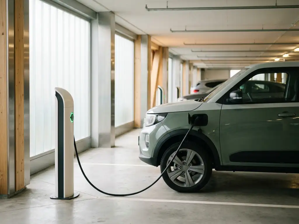 Elektro-Firmenwagen an weißer Ladestation in hellem Unternehmens-Parkhaus, grüne Statusanzeige leuchtet, Tageslicht durch große Fenster.