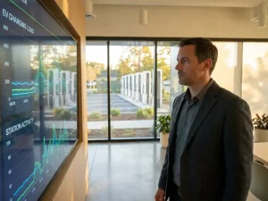 Energiemanager überwacht EV-Lademanagement-Dashboard mit grünen Lastkurven in moderner Ladestation mit Tageslicht.